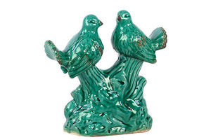 Antiquated Two Cheerful and Delightful Ceramic Birds on Stand in Turquoise