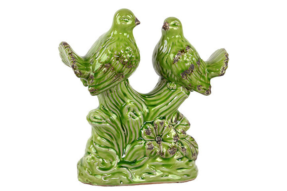 Antiquated Two Cheerful and Delightful Ceramic Birds on Stand in Green