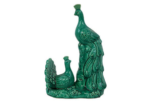 Two Beautiful and Proud Ceramic Peacock Figurines on Stand in Turquoise