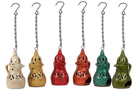 Set of Six Jug Shaped Hanging Ceramic Lanterns with Attached Hanging Hook in Six Assorted Colors