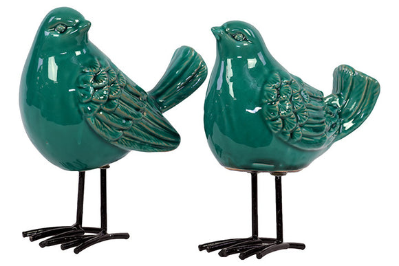 Attractive Ceramic Bird Set of Two Standing and Tweeting in Turquoise