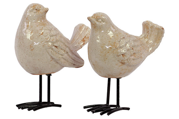 Attractive Ceramic Bird Set of Two Standing and Tweeting in White