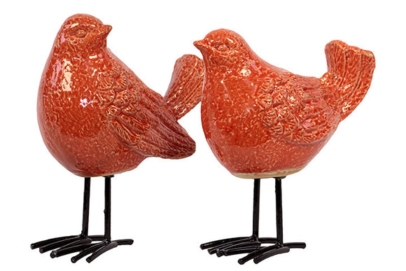 Attractive Ceramic Bird Set of Two Standing and Tweeting in Orange