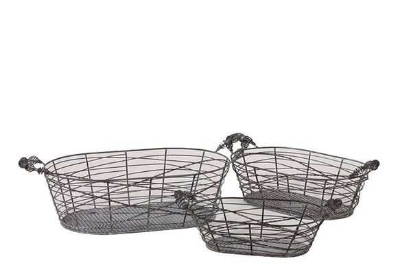 Oblong Shape Meshed Metal Basket Set of Three Attached with Two Side Handle Each