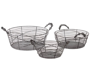 Oval Shaped Elegantly Wired Metal Basket Set of Three Attached with Two Side Handle Each