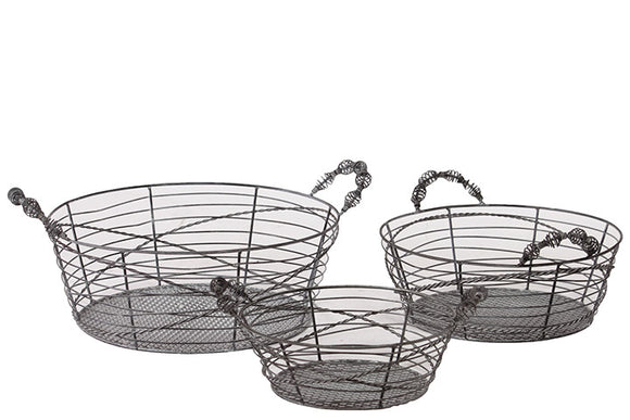 Oval Shaped Elegantly Wired Metal Basket Set of Three Attached with Two Side Handle Each