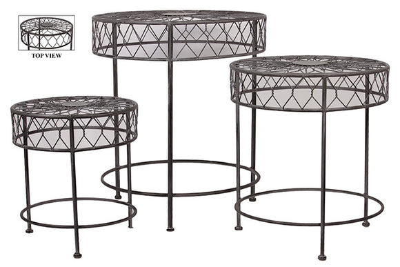 Three Legged Round Metal Table Set of Three with Diamond Shape Pattern