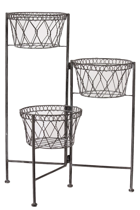 Set of Three Versatile and Multipurpose Round Metal Baskets on Stand