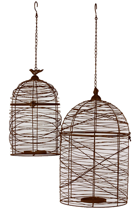 Elegantly Meshed Hanging Metal Wire Bird Cage Set of Two in Rustic Brown