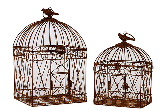 Magnificent and Elegantly Crafted Metal Bird Cage Set of Two with Handle Attached in Rustic Brown