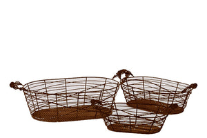 Oblong Shape Meshed Metal Basket Set of Three Attached with Two Side Handle Each in Rustic Brown