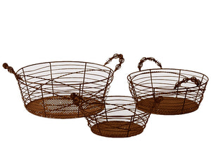 Oval Shaped Elegantly Wired Metal Basket Set of Three Attached with Two Side Handle Each in Rustic Brown