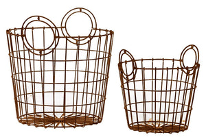 Charming French Market Bag Replica Metallic Wire Mesh Basket Set of Two in Rustic Brown