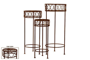 Three Legged Round Metal Table Set of Three with Stylish Design in Rustic Brown