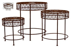 Three Legged Round Metal Table Set of Three with Diamond Shape Pattern in Rustic Brown