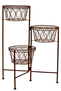 Set of Three Versatile and Multipurpose Round Metal Basket on Stand in Rustic Brown