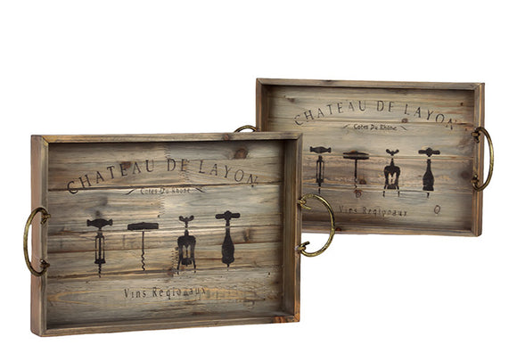 Wooden Printed Set of Two Tray with Metal Handles