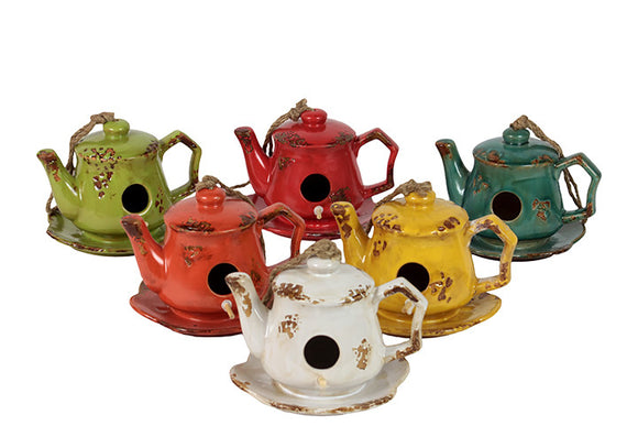 Ceramic Tea Pot Bird Feeder Assortment Set of Six with Jute Rope Handle