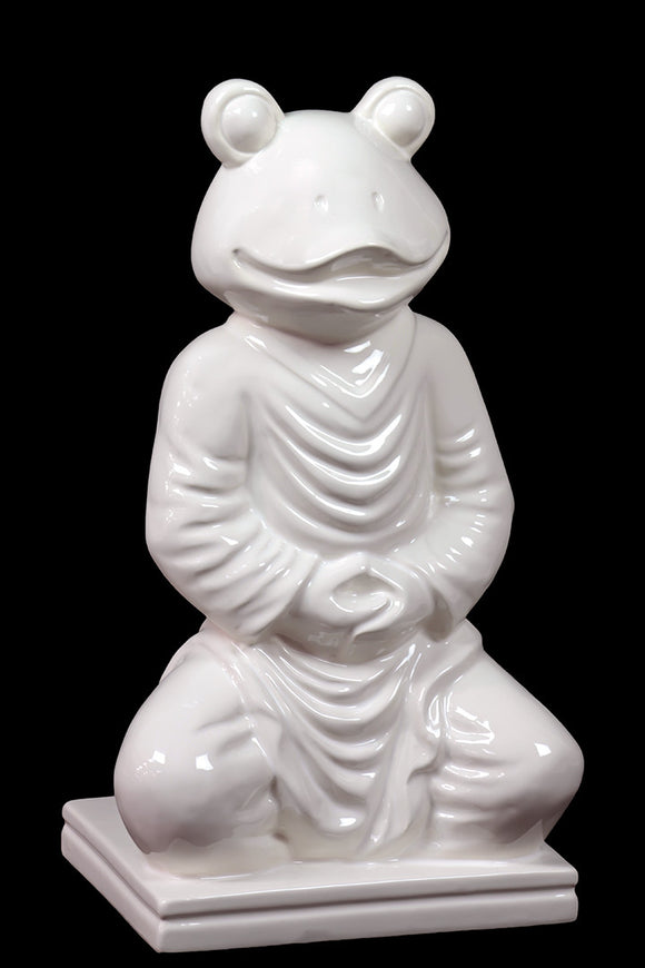 Contemporary Human Body Sitting Ceramic Glossy White Frog