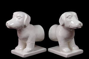 Unique Set of Two White Ceramic Dog Bookend