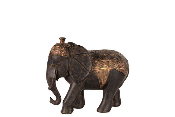 Skillfully Sculpted Resin Blanket Elephant in Black and Brass (Small)