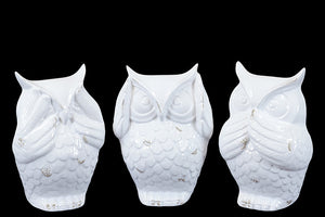 Adorable Ceramic Owl Set of Three Depicting the Three Mystic Apes in White