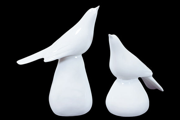 Modish and Stylish Ceramic Bird on Pedestal Set of Two in White