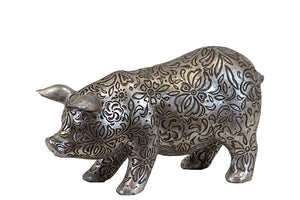 Beautifully Embellished with Floral Motifs and Design Resin Pig in Antique Silver (Small)