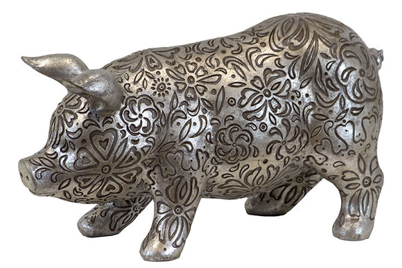 Beautifully Embellished with Floral Motifs and Design Resin Pig in Antique Silver (Large)