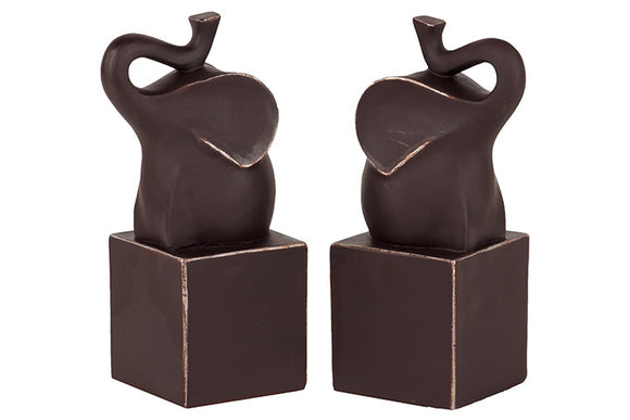 Trumpeting Resin Elephant Figurine Bookend Set of Two in Chocolate Brown Shade