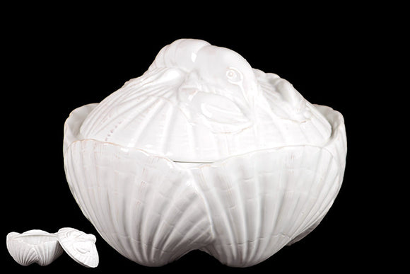 Ceramic Seashell Container with Magnificently Sculpted Lobster on the Lid in White