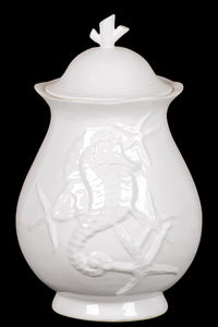 Ceramic Seashell Canister Embellished with Seahorse and Starfish Motifs in White (Large)