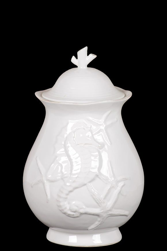 Ceramic Seashell Canister Embellished with Seahorse and Starfish Motifs in White (Small)