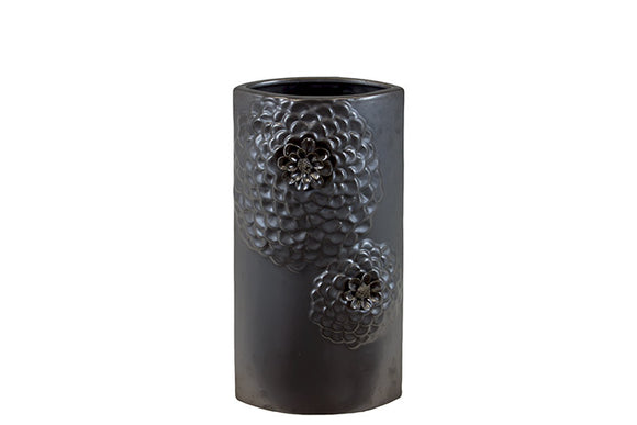 Beautiful Floral Design Cylindrical Shape Ceramic Vase in Gunmetal Shade (Small)