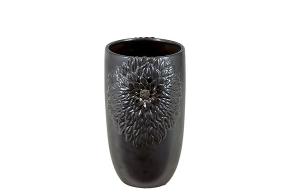 Beautiful Floral Design Open Neck Ceramic Vase in Gunmetal (Small)