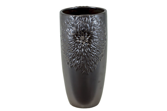 Beautiful Floral Design Open Neck Ceramic Vase in Gunmetal (Large)