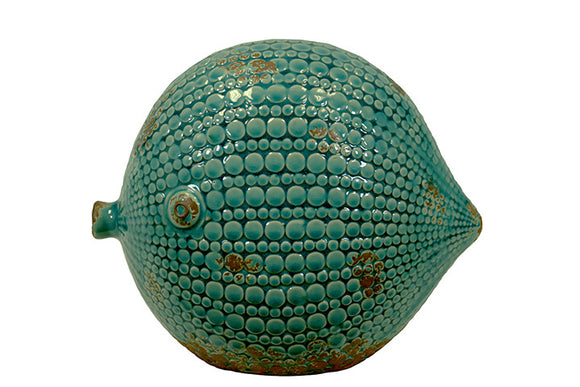 Beautiful and Elegant Pattern Ceramic Blow Fish with Antique Effect in Blue (Large)