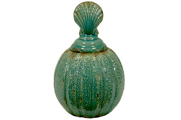 Pumpkin Replica Ceramic Canister Shell Collection with sea shell shaped Lid in Blue (Medium)