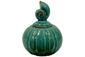 Antiquated Pumpkin Replica Ceramic Canister Shell Collection with Sea Snail Shaped Lid in Blue (Small)