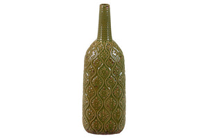 Long Narrow Neck Ceramic Vase with Beautiful Floral Pattern in Green (Large)