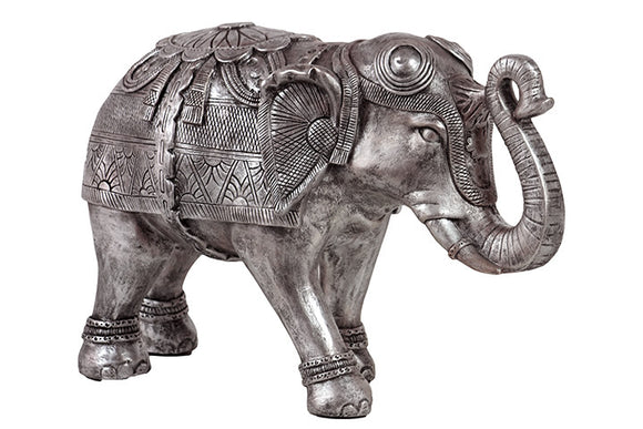 Beautifully Decorated Resin Elephant Figurine in Silver (Large)