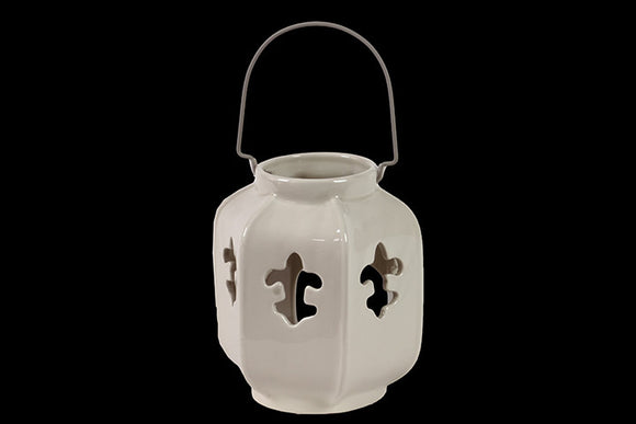 Elegant and Dazzling Ceramic Fleur de Lis Lantern with Metal Handle in White