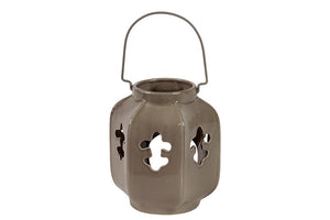 Elegant and Dazzling Ceramic Fleur de Lis Lantern with Metal Handle in Gray