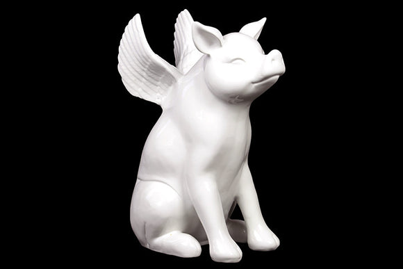 Magnificent Ceramic Sitting Pig with Wings in White (Large)