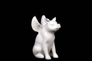 Magnificent Ceramic Sitting Pig with Wings in White (Small)