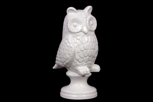 Elegantly Sculpted Mesmerizing Ceramic Owl on Stand in White