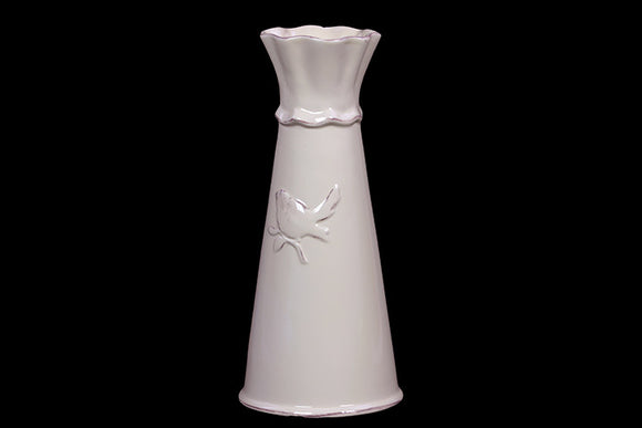 Tall Ceramic Vase with Etched with a Bird Motif in White