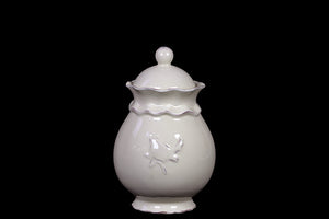 Fashionable Ceramic Jar with Lid and Elegant Design of Bird Motif in White (Small)