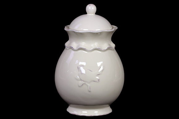 Fashionable Ceramic Jar with Lid and Elegant Design of Bird Motif in White (Large)