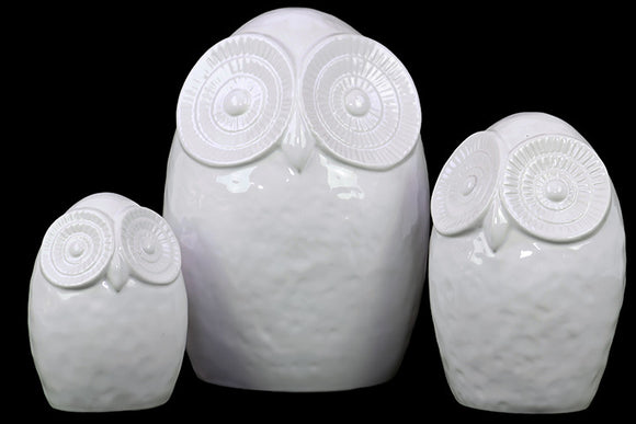 Ceramic Owl Figurine with Big Round Eyes Set of Three in White